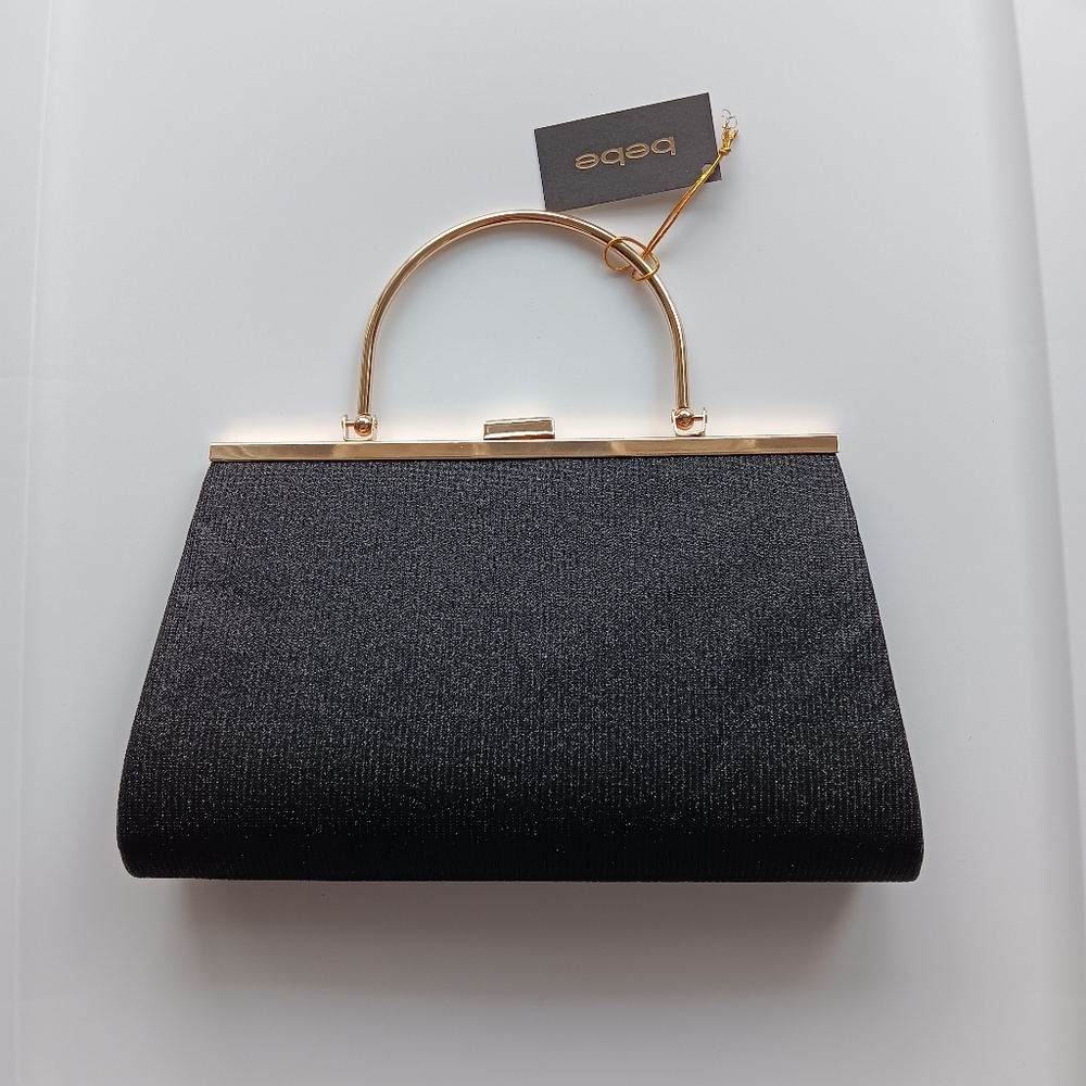 NEW bebe Formal Evening Bag Black Metallic Gold Pleated Snap Closure Clutch Gift - Picture 2 of 11